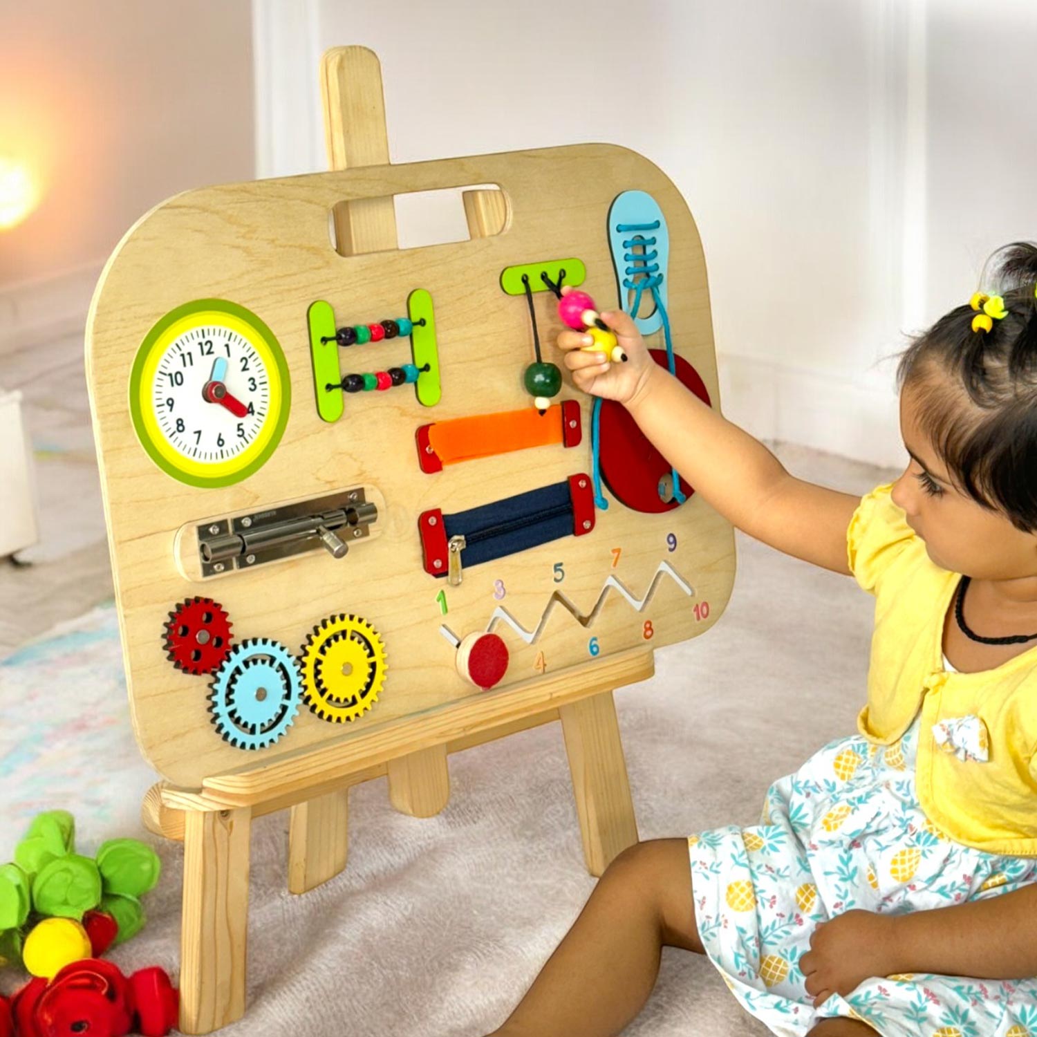 Little Ginnie Wooden Busy Board for Toddlers | 10-in-1 Wooden Educational Toy with Clock, Zipper, Gear, Puzzle