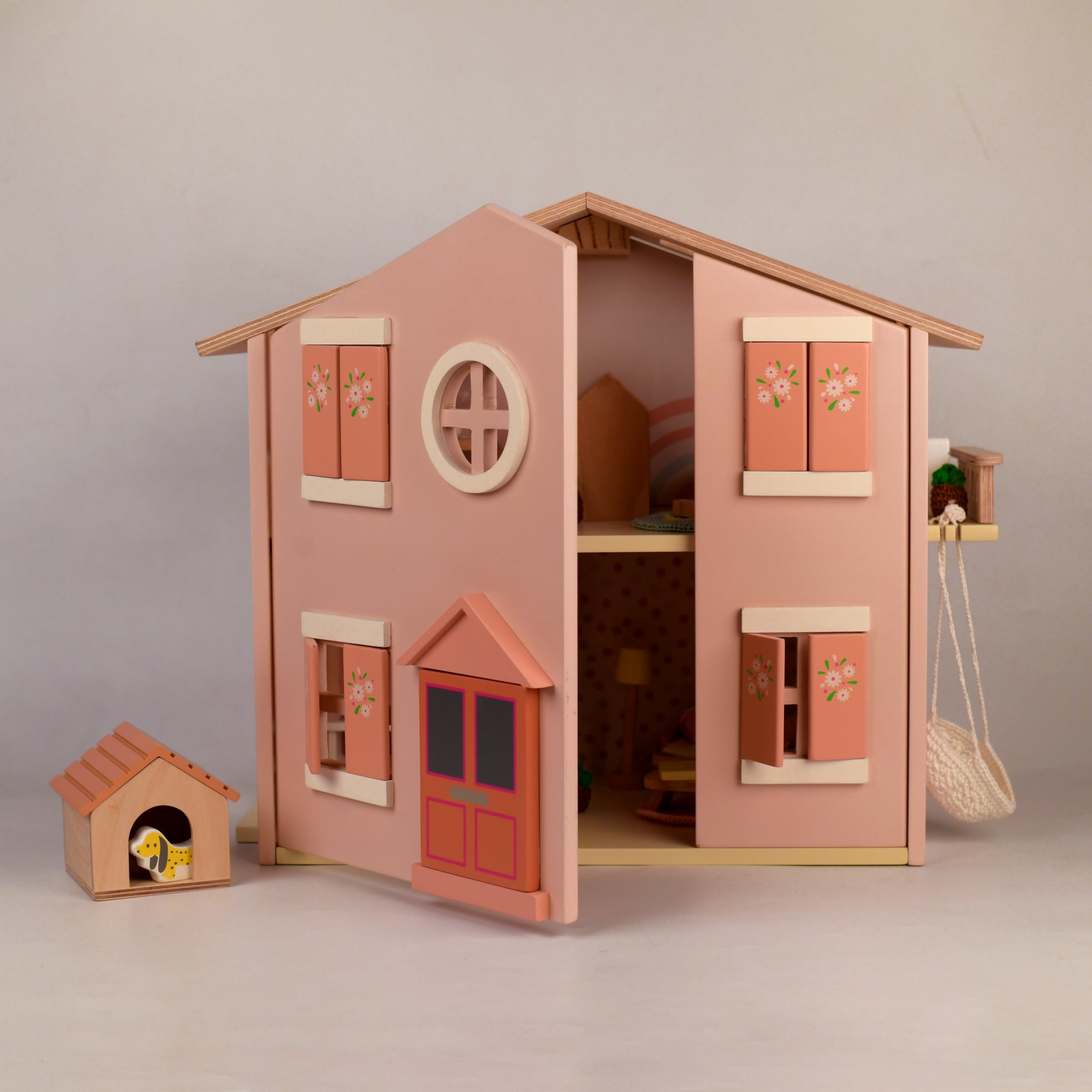 Playbox Wooden Pop's Doll House with Furniture Play Toy Set | Pretend Play Kids Baby & Toddler Toys