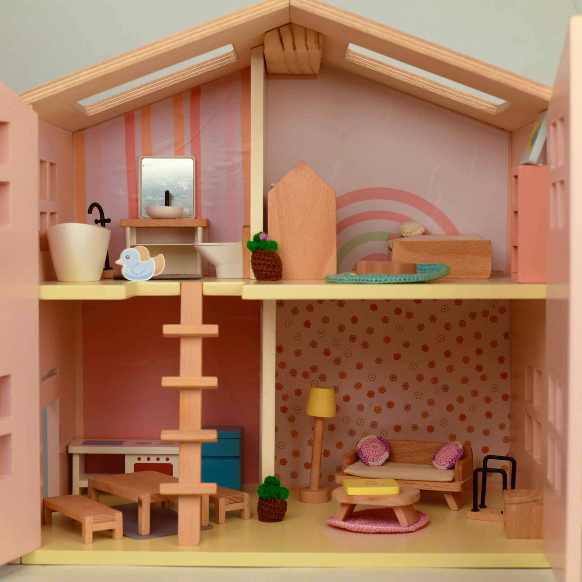 Playbox Wooden Pop's Doll House with Furniture Play Toy Set | Pretend Play Kids Baby & Toddler Toys