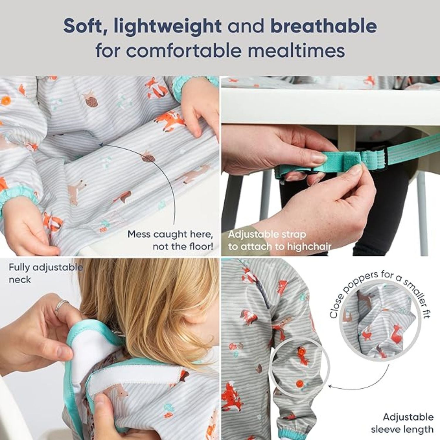 Bibado Long Sleeve Coverall & Attachable Handi Cutlery Bundle Woodland Friends Grey