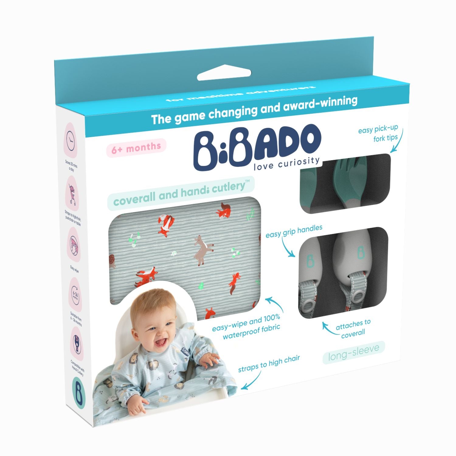 Bibado Long Sleeve Coverall & Attachable Handi Cutlery Bundle Woodland Friends Grey