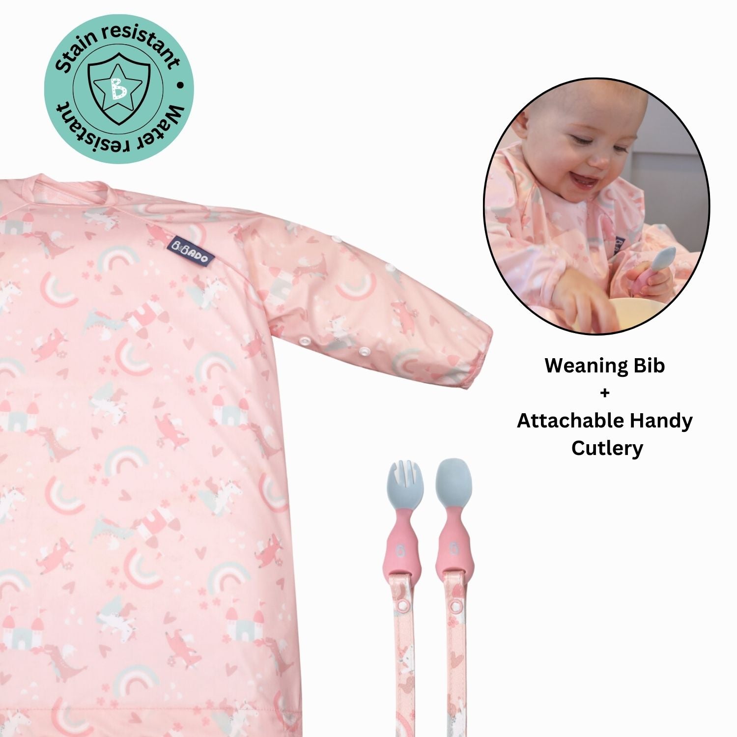 Bibado Long Sleeve Coverall & Attachable Handi Cutlery Bundle Over the Rainbow Light Pink