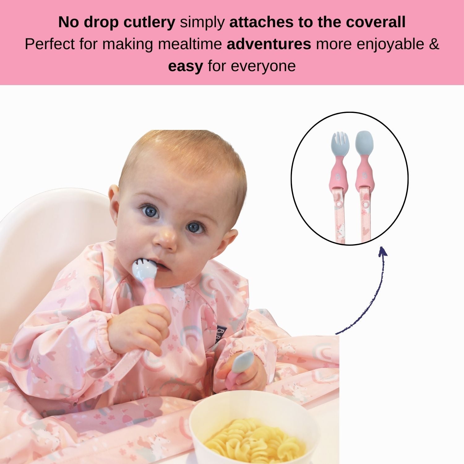 Bibado Long Sleeve Coverall & Attachable Handi Cutlery Bundle Over the Rainbow Light Pink