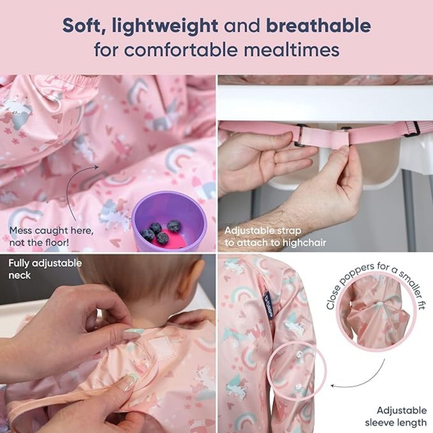 Bibado Long Sleeve Coverall & Attachable Handi Cutlery Bundle Over the Rainbow Light Pink