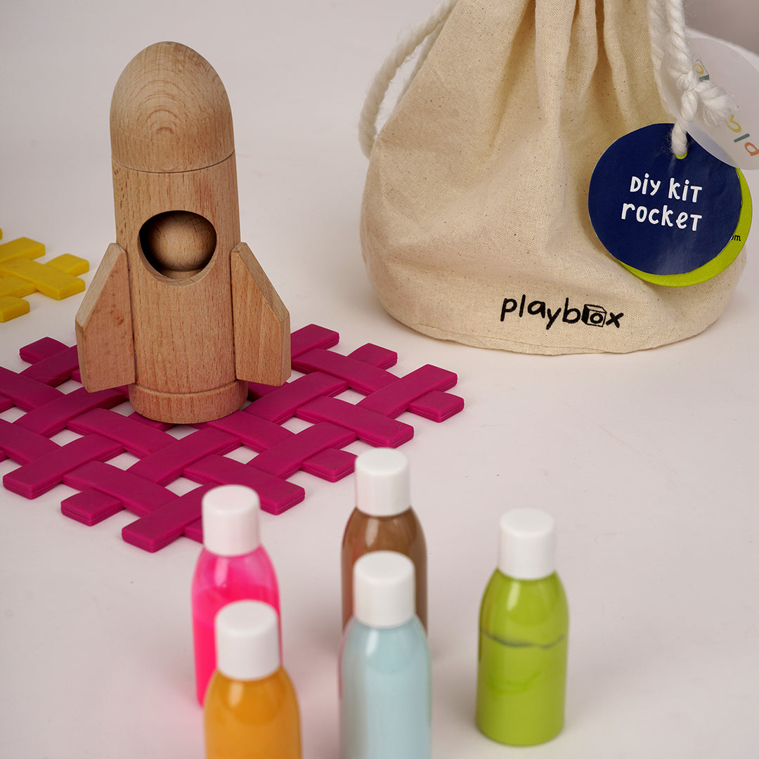 Playbox DIY Kit-Rocket - Kids Crafts and Arts Set Painting Kit | Inside The Box (1 Rocket,1 Astronaut, 5 Color Bottles, 1 Paint Brush and 2 Sponge Brush) | Creativity DIY Gift Set