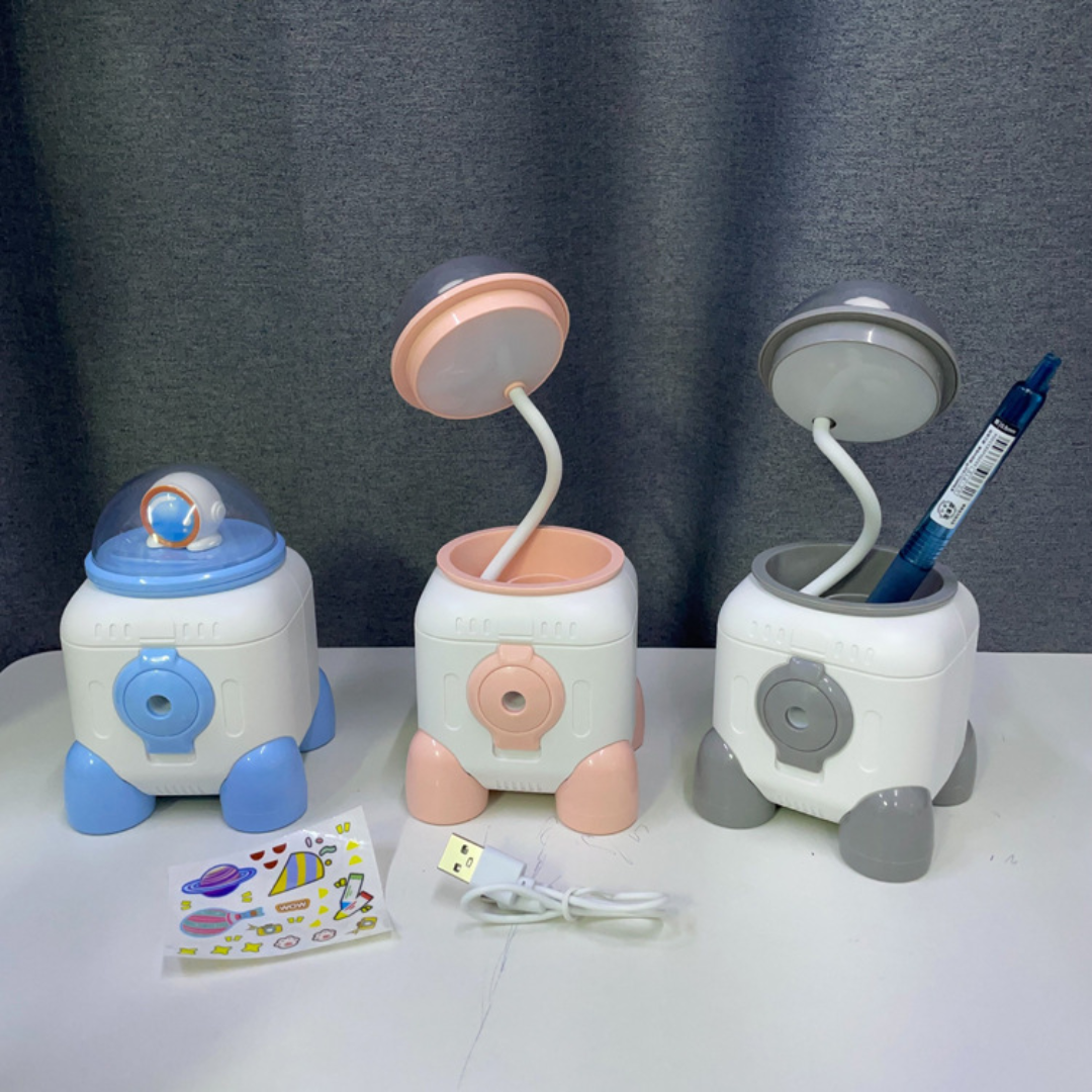 CuddleNest Cute Astronaut LED Desk Lamp – Flexible Gooseneck, USB Rechargeable & Pencil Sharpener