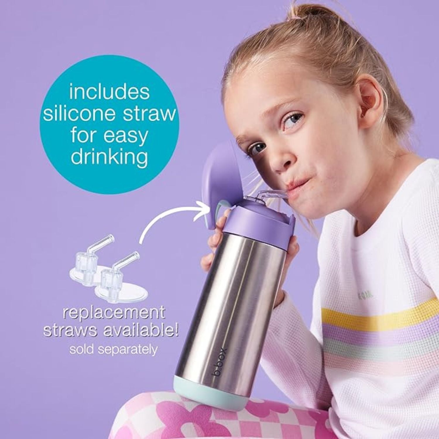 B.Box Insulated Straw Sipper Drink Water Bottle Lilac Pop Purple