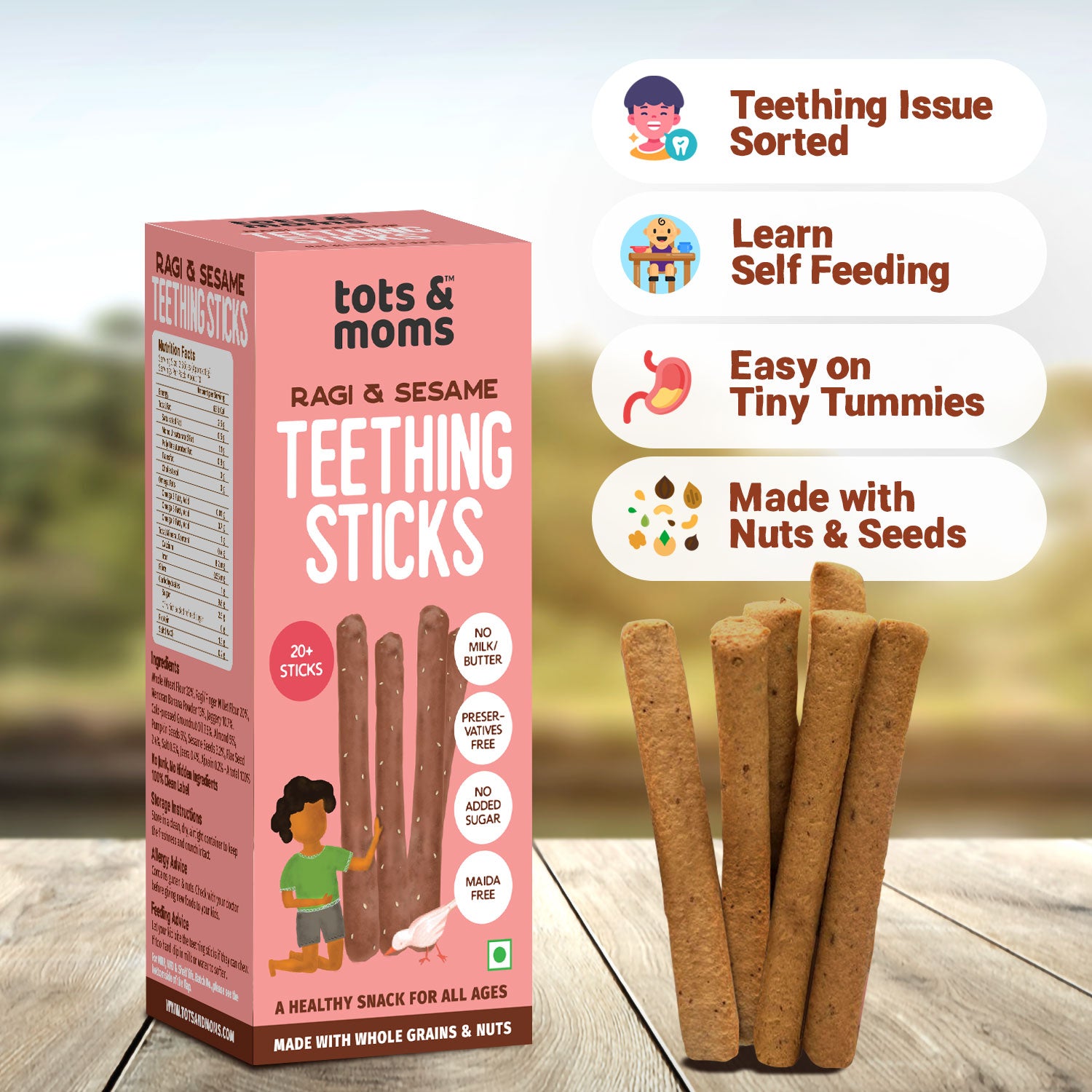 Tots and Moms Ragi, Banana, Sesame Teething Sticks made with Jaggery for Babies, 12Months+, Pack of 2-150g each