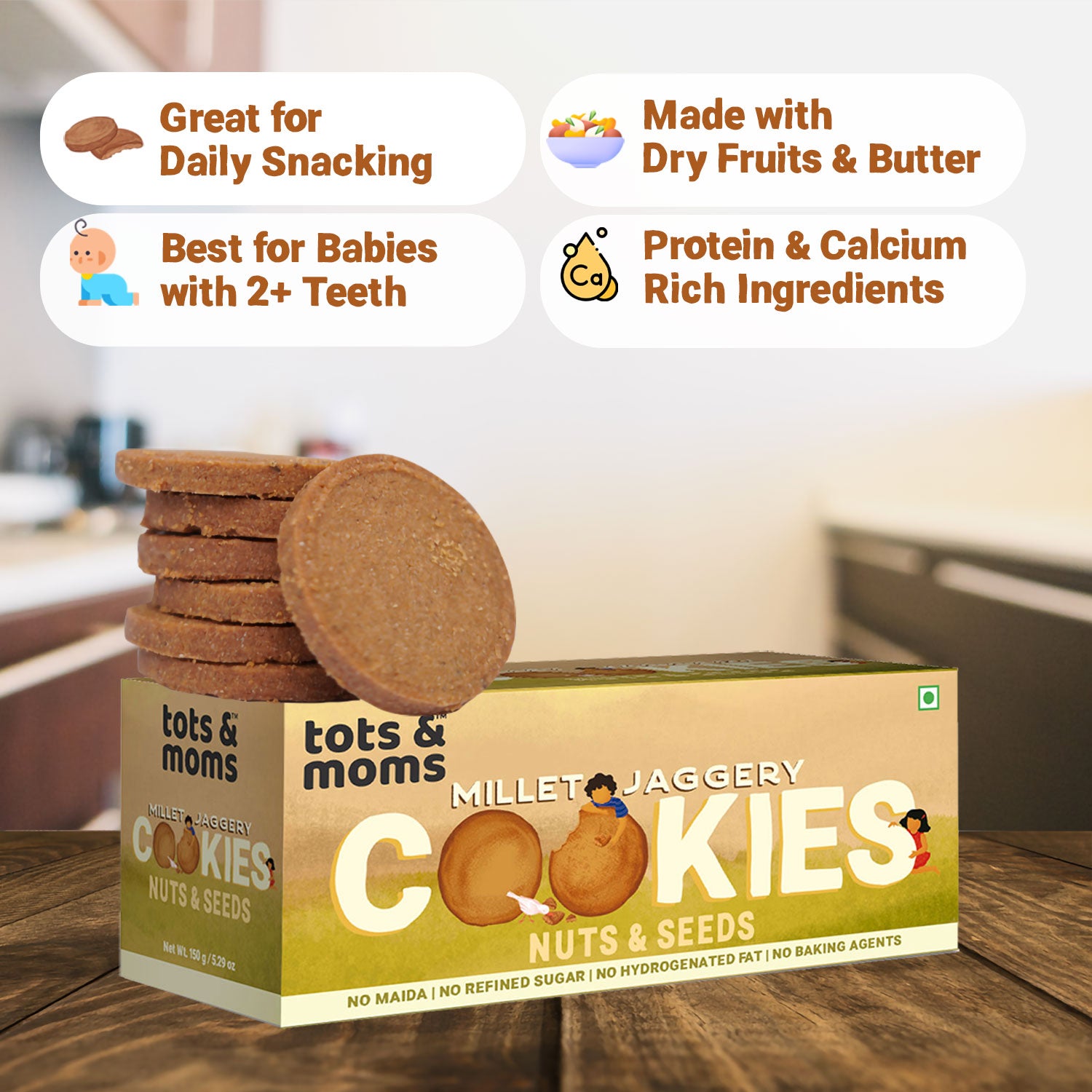 Tots & Moms Millet & Jaggery Cookies - Nuts & Seeds | 150g