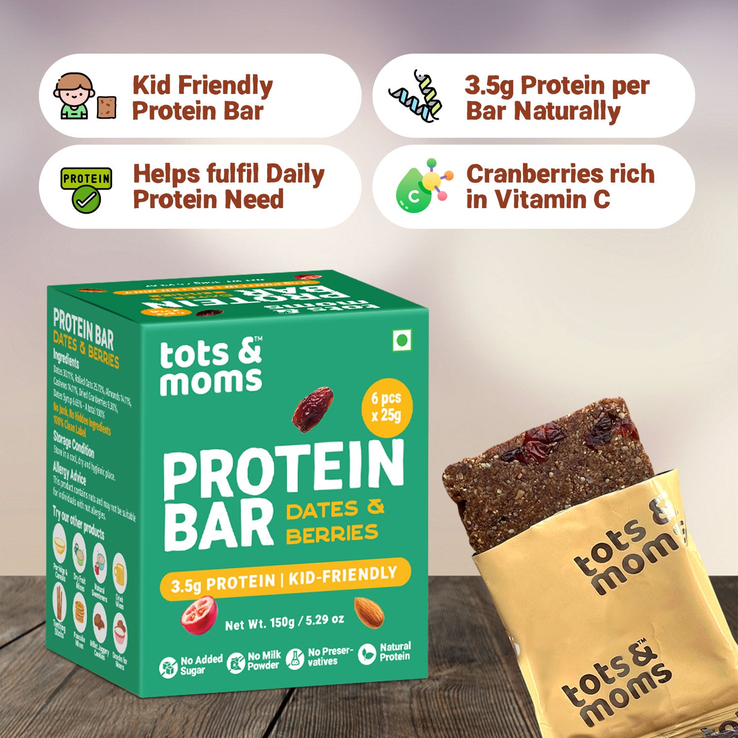 Tots & Moms Protein Bar - Dates & Nuts Bar | Choco & Dates Bar | Dates & Berries Bar | 150g each