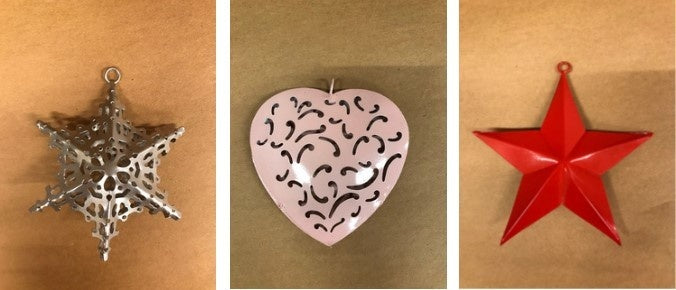 SWEN FLORIN, pack of 3 metal Christmas tree ornaments - Star, Snow flake, Heart