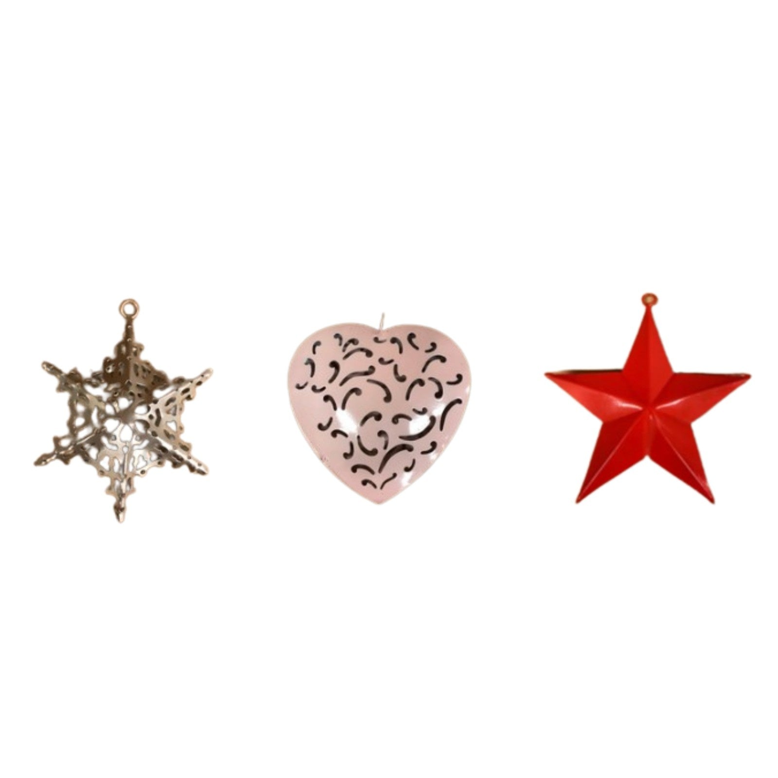 SWEN FLORIN, pack of 3 metal Christmas tree ornaments - Star, Snow flake, Heart