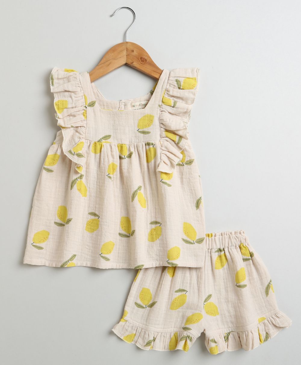 Sweetlime By AS Lemon Print Ruffle Organic Cotton Co-ord Set