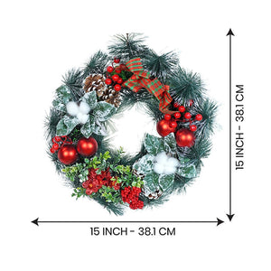 15 inches Checkered Bow Cotton buds and bushy Florals artificial christmas Wreath & Christmas door Décor - Christmas