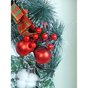 15 inches Checkered Bow Cotton buds and bushy Florals artificial christmas Wreath & Christmas door Décor - Christmas