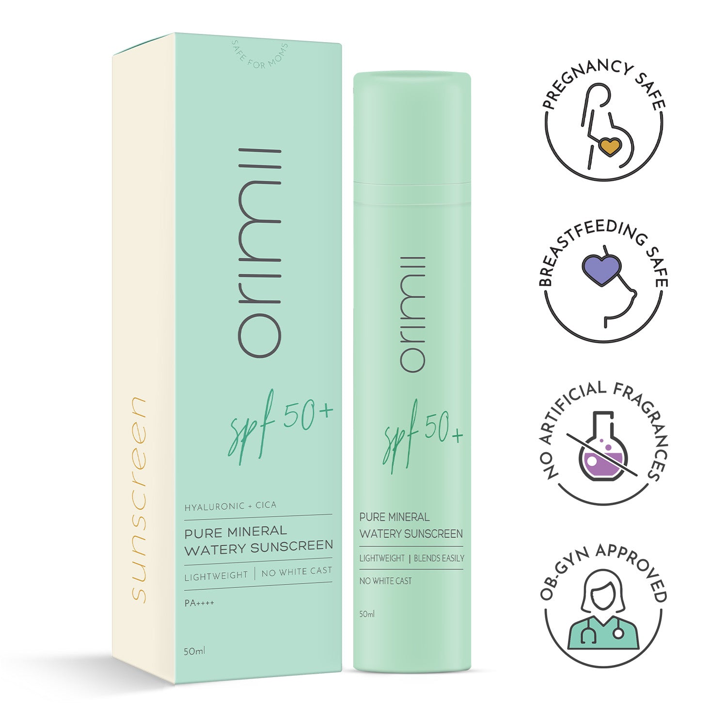 Orimii 100% Pure Mineral Sunscreen SPF 50 with Watery Texture, Zero White Cast - Pregnancy Safe 50ml