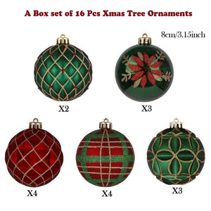 16 pcs Box Set, Christmas Ball Ornaments XMas Tree Hanging Decorations, Red, Green & Gold christmas Balls. - Christmas