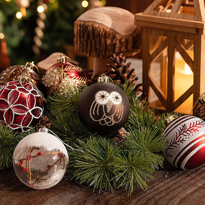 16 pcs Maroon & Brown Woodland Owl themed Christmas Balls Tree hanging Ornaments Xmas Decoration set - Christmas