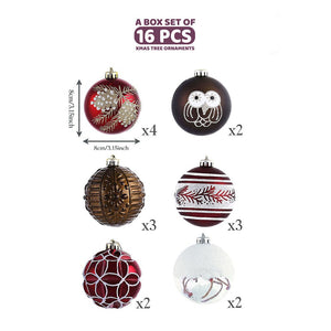 16 pcs Maroon & Brown Woodland Owl themed Christmas Balls Tree hanging Ornaments Xmas Decoration set - Christmas