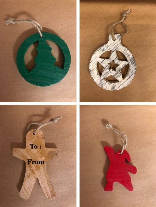 SWEN HERMES, Pack of 4 Wooden Christmas Tree Ornaments - Star, Tree, Candyman, Santa