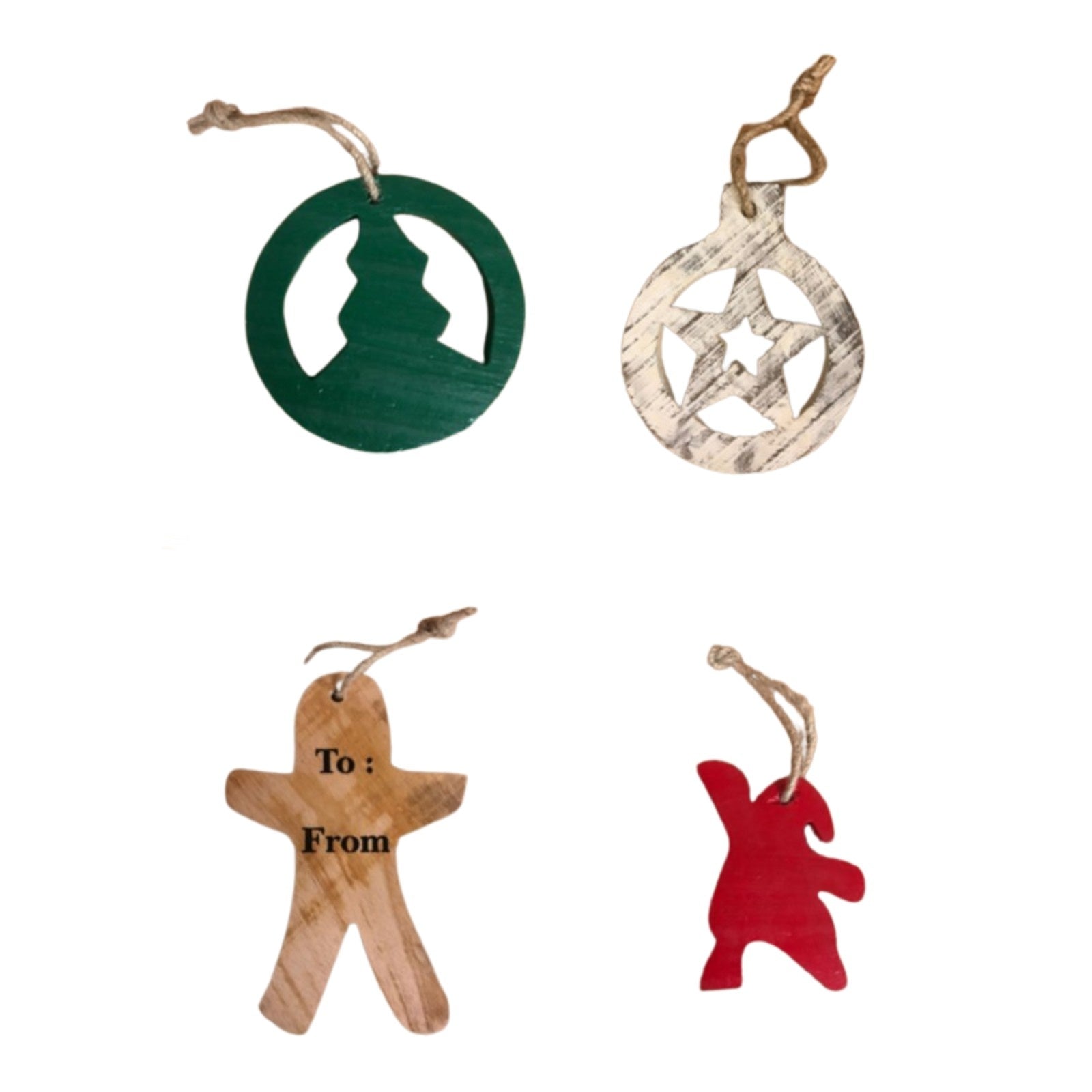 SWEN HERMES, Pack of 4 Wooden Christmas Tree Ornaments - Star, Tree, Candyman, Santa