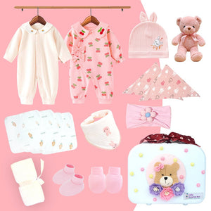 18 pcs Baby Pink Teddy Birthday Gift Hamper set for Baby Girl with travelling Suitcase, - Baby Gifting