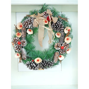 19 inches Mushroom Buds & Bushy Frosty Pinecone Artificial Christmas wreath for Door Wall & Christmas Décor - Christmas