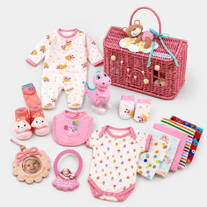 19 pcs, Pink Teddy Home cane basket themed Newborn Baby Girl, All Season wear,Gift Hamper set, 0 - 6 months - Baby Gifting