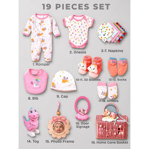 19 pcs, Pink Teddy Home cane basket themed Newborn Baby Girl, All Season wear,Gift Hamper set, 0 - 6 months - Baby Gifting