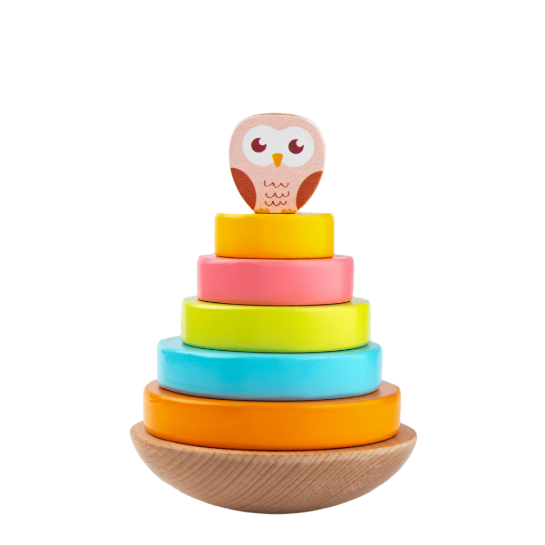 Cots and Cuddles Wooden Wobbling Owl Tower with Ring Stacking Toy for Kids