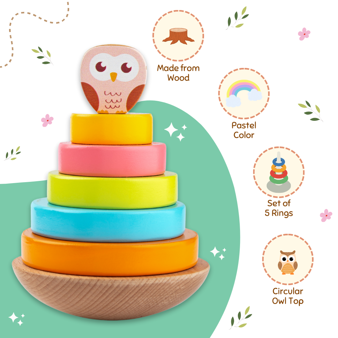 Cots and Cuddles Wooden Wobbling Owl Tower with Ring Stacking Toy for Kids