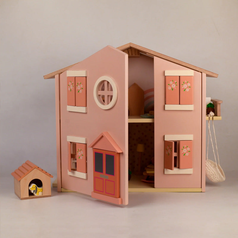 Playbox Wooden Pop's Doll House with Furniture Play Toy Set | Pretend Play Kids Baby & Toddler Toys