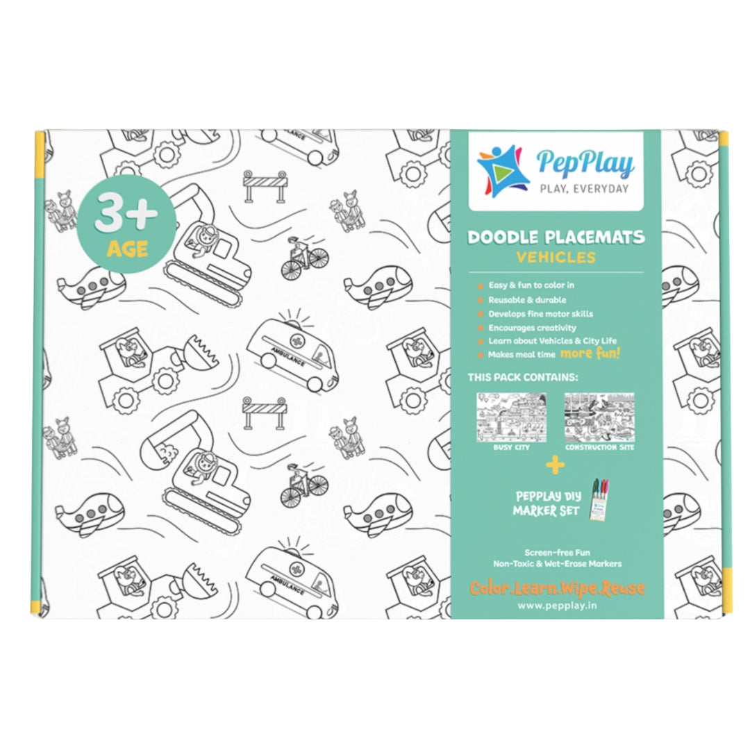 PepPlay Doodle Placemats Set– Vehicle Series (DIY Drawing Kit)