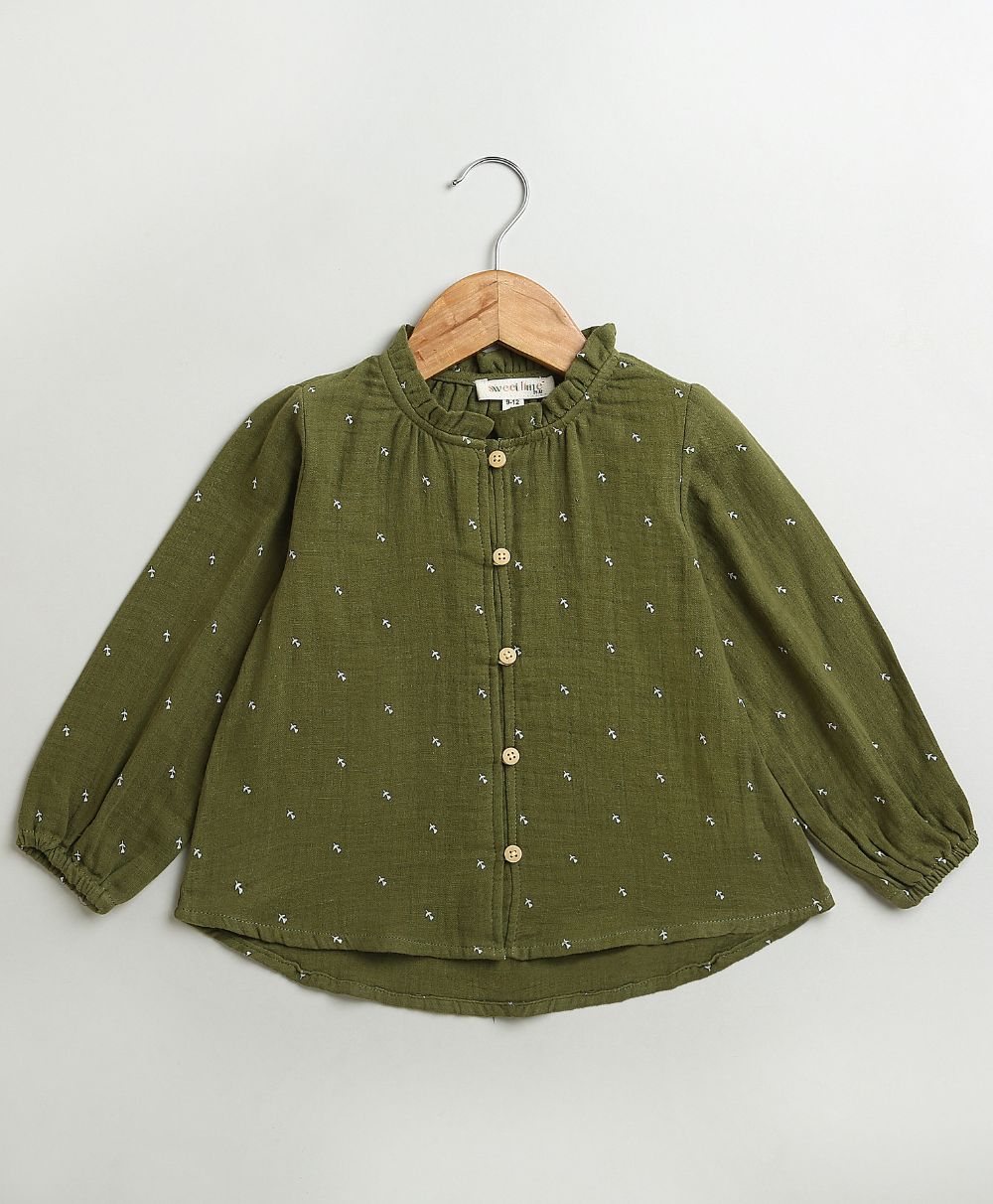 Sweetlime By AS All-Over Floral Printed Olive Green Cotton Shirt.