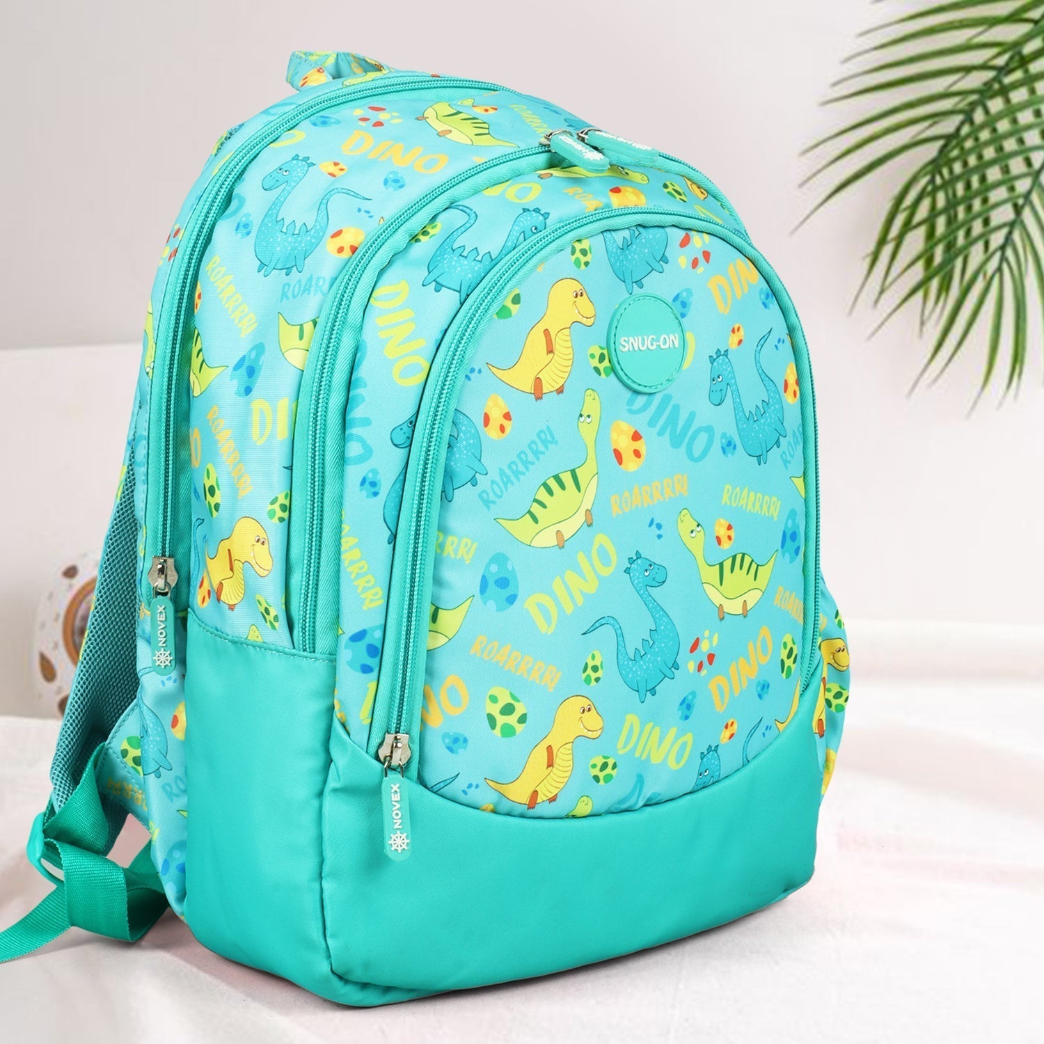 Novex Snug-On Dino Printed Boy Kids School Bag for Nursery to 2nd Class - 15 Inch | Backpack for 5-8 Years Kids