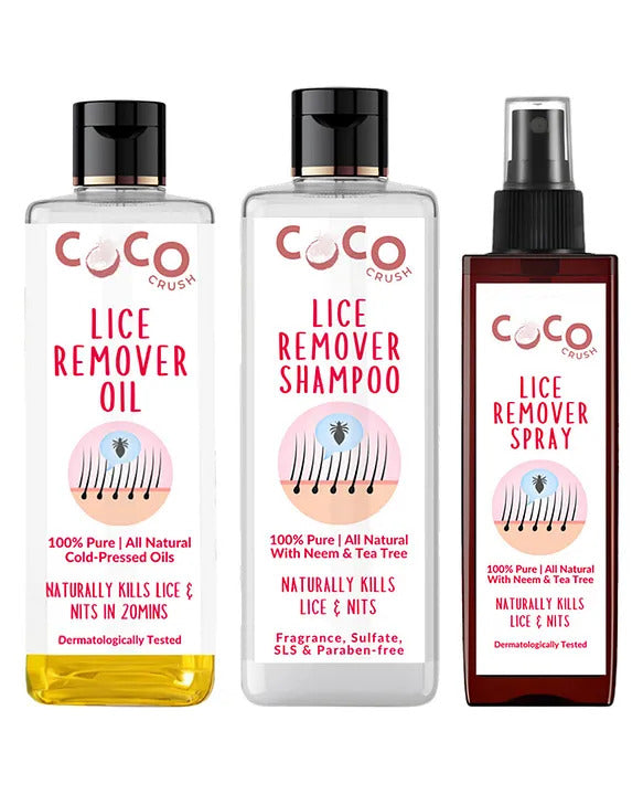 Coco Crush Ayurvedic Anti-Lice Treatment Bundle: Oil, Shampoo & Hair Spray, Kills Lice, Eggs & Nits - pack of 3, 100ML each