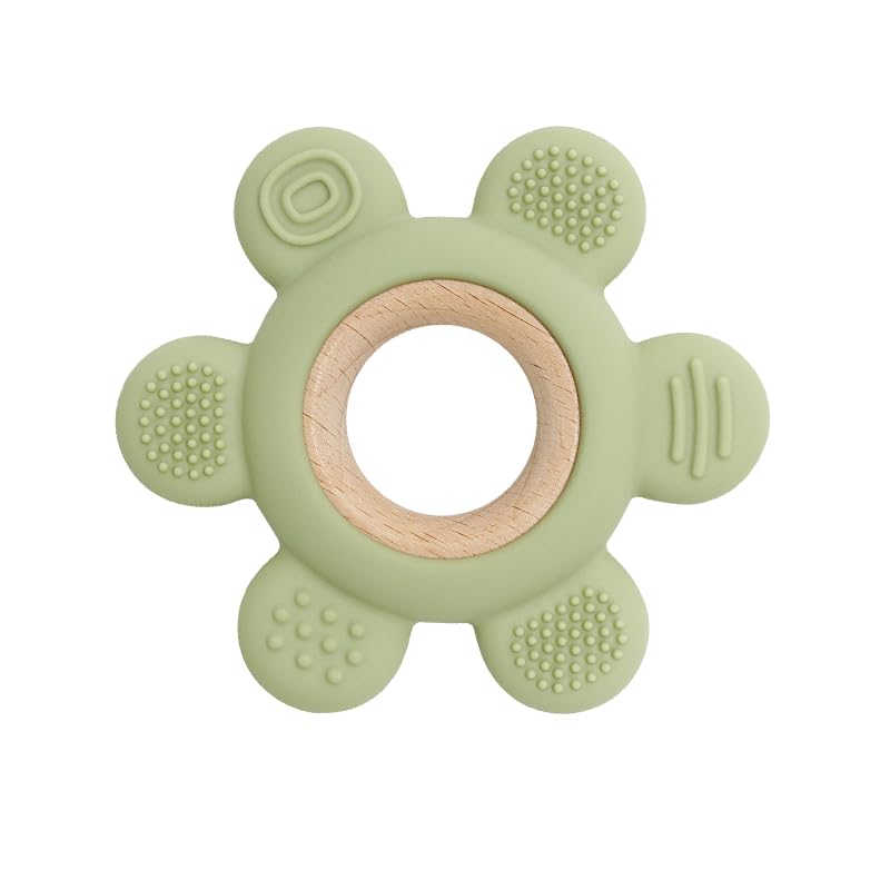 Playbox Wooden Flower BPA Free Silicone Teether Soothe Baby Gums Assorted Color