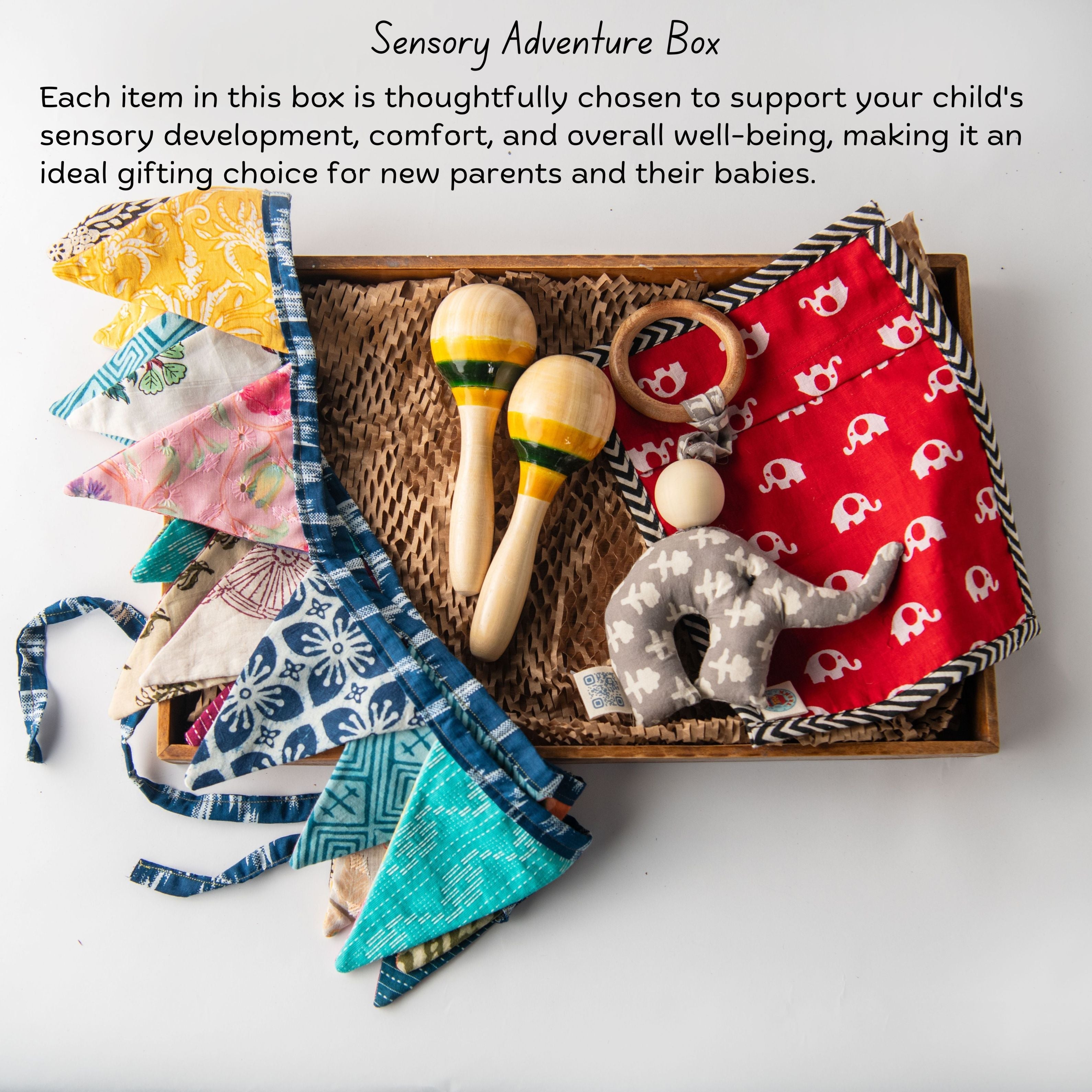 Toy Trunk Sensory Adventure Box (2 Maracca Rattles, Fabric elephant, Herb Bag, Bunting)