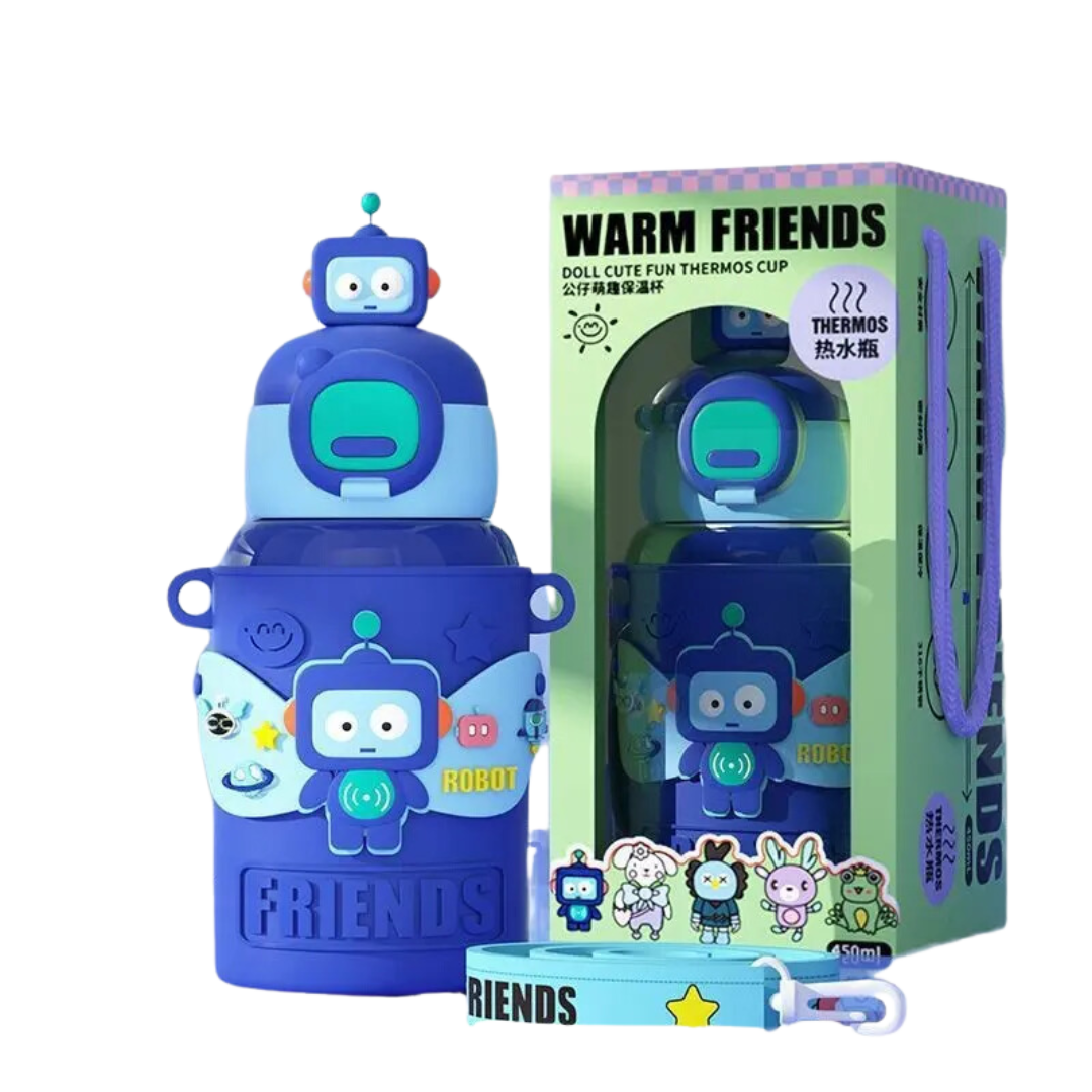 Cool Robot Kids’ Water Bottle – 450ml, Insulated & Travel-Friendly with Mini Toys!
