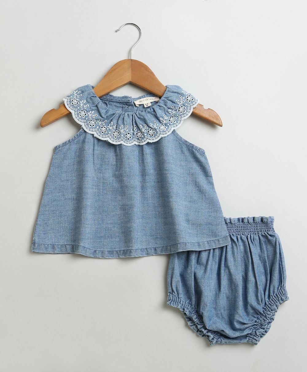 Sweetlime By AS Cotton Denim Ruffle Dress & Bloomer Set.