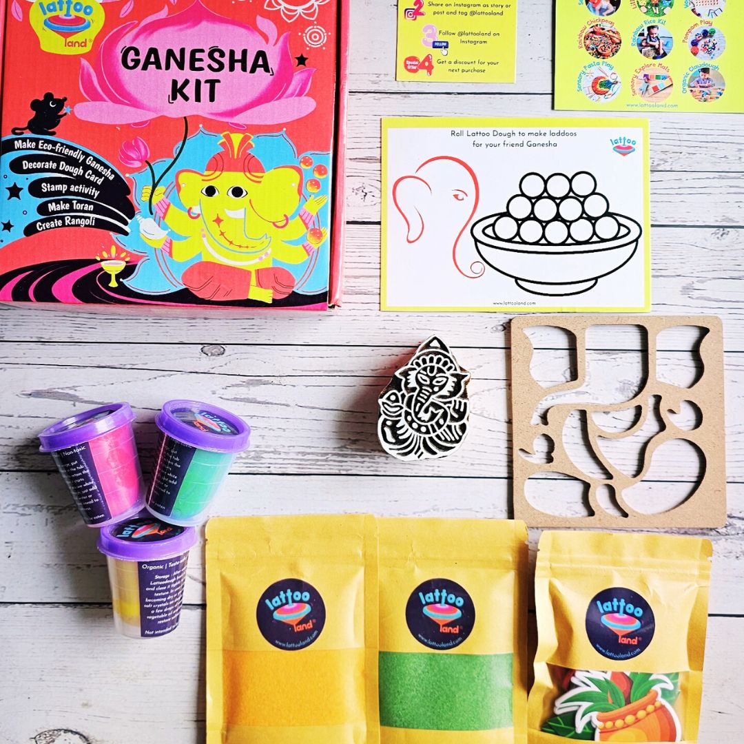 LattooLand Ganesha Kit - Set of dough tubs, Stamp, Stencil, Rangoli Powder, Toran making kit
