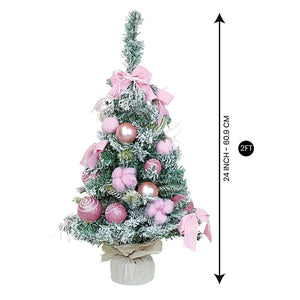 2 feet pastel Pink Swirl Snowy Bushy Christmas Tree filled with balls and ornament Fillers - Christmas