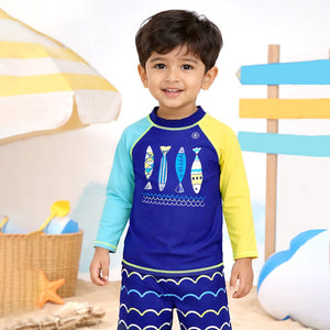 2 Pcs 4 Fishes Blue & Yellow T-shirt & Shorts Set, Toddlers & Kids Swimwear with Free Wash Bag & Free Swim Detergent - 4 - 5 Years Swim