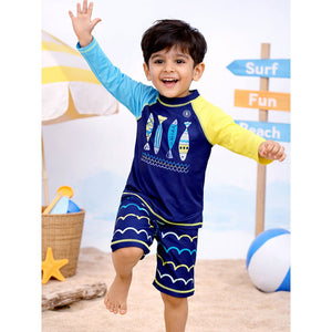 2 Pcs 4 Fishes Blue & Yellow T-shirt & Shorts Set, Toddlers & Kids Swimwear with Free Wash Bag & Free Swim Detergent - 4 - 5 Years Swim