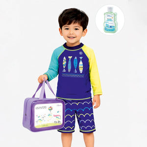 2 Pcs 4 Fishes Blue & Yellow T-shirt & Shorts Set, Toddlers & Kids Swimwear with Free Wash Bag & Free Swim Detergent - 4 - 5 Years Swim