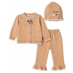 2 Pcs Beige 3d Flower Winter Cardigan with Flare Pants co ord set and Matching Cap for Kids - 0 - 3 Months Winter Wear