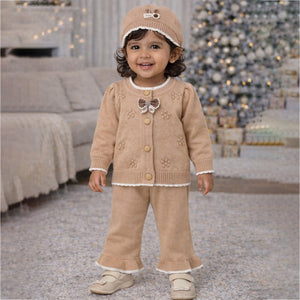 2 Pcs Beige 3d Flower Winter Cardigan with Flare Pants co ord set and Matching Cap for Kids - 0 - 3 Months Winter Wear