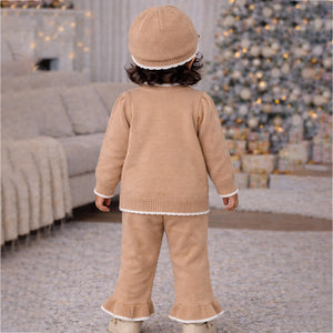 2 Pcs Beige 3d Flower Winter Cardigan with Flare Pants co ord set and Matching Cap for Kids - 0 - 3 Months Winter Wear