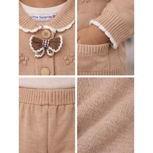 2 Pcs Beige 3d Flower Winter Cardigan with Flare Pants co ord set and Matching Cap for Kids - 0 - 3 Months Winter Wear
