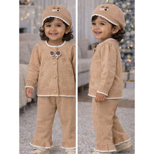2 Pcs Beige 3d Flower Winter Cardigan with Flare Pants co ord set and Matching Cap for Kids - 0 - 3 Months Winter Wear